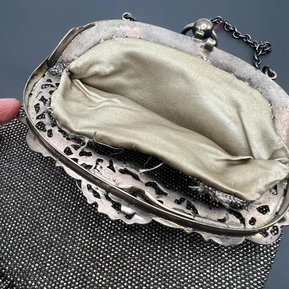 Antique Victorian Cut Steel Beaded sterling Silver Chatelaine Leather Clutch Pu